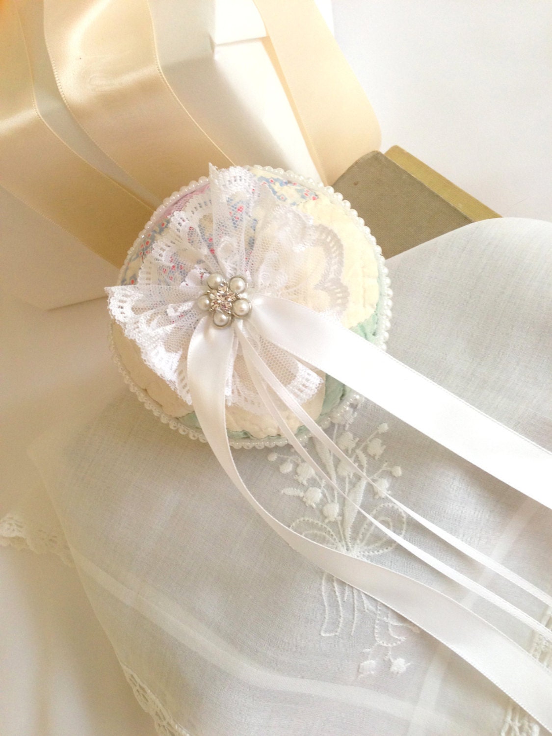 Vintage Quilt Ring Pillow,  Bridal,  Farm Wedding,  Shabby Chic,  Satin Ribbons, Rhinestone Button, Pearl Trim PETITE