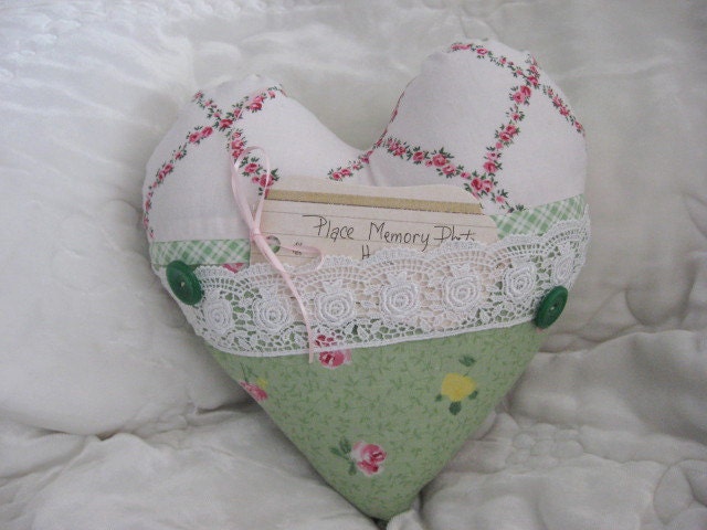Green Shabby Chic Print Pillow Blue Rose Pink, Memory Heart Pillow White Lace Buttons Home Decor