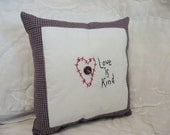 Small Decorative Pillow "Love is Kind" Hand Stitched Blue, Red, Tan Check Fabric, Muslin