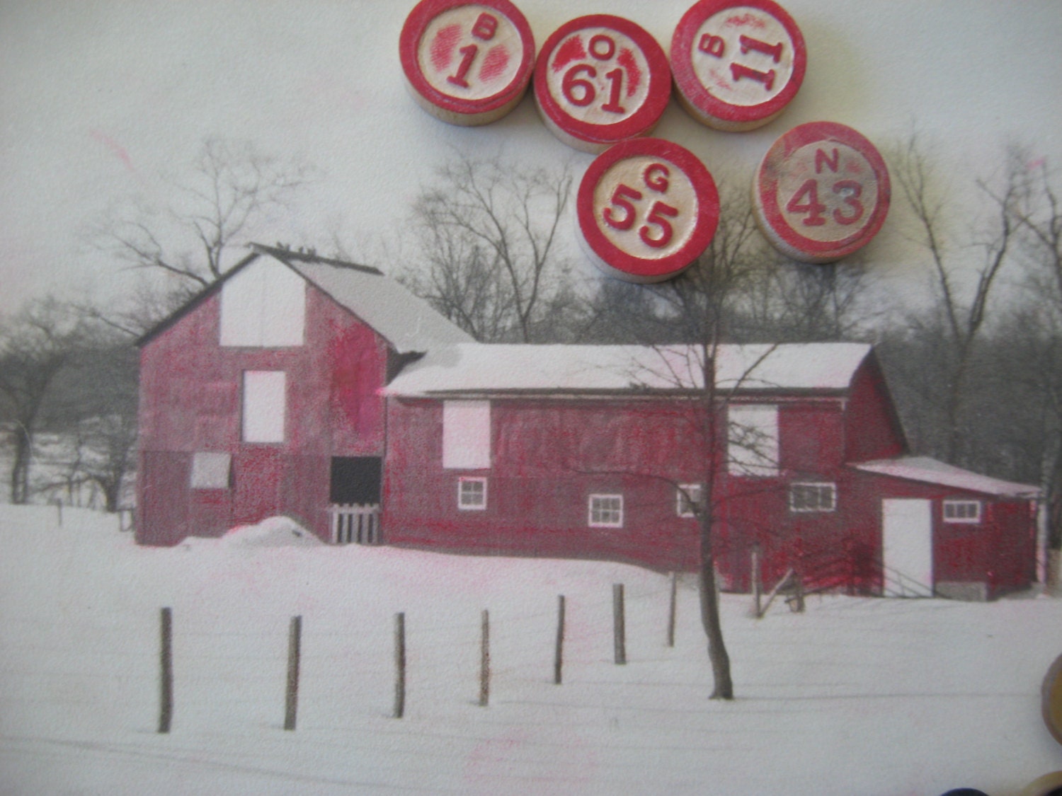 Vintage Inspiration KIT, Farmhouse photo, red white trivet, buttons, wood bingo markers, Mixed Media DIY supplies, Altered Art Lot PK11