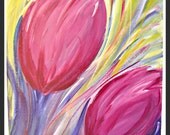 Spring Decor, Ofiice Decor, Birthday Gift for Her-Original Acrylic on Panel-Tulips Painting Abstract Flower, Garden Theme 16" x 20"