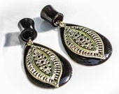 4g-5/8" Black Tear with Gold Leaf Design Dangle Plugs Tunnels
