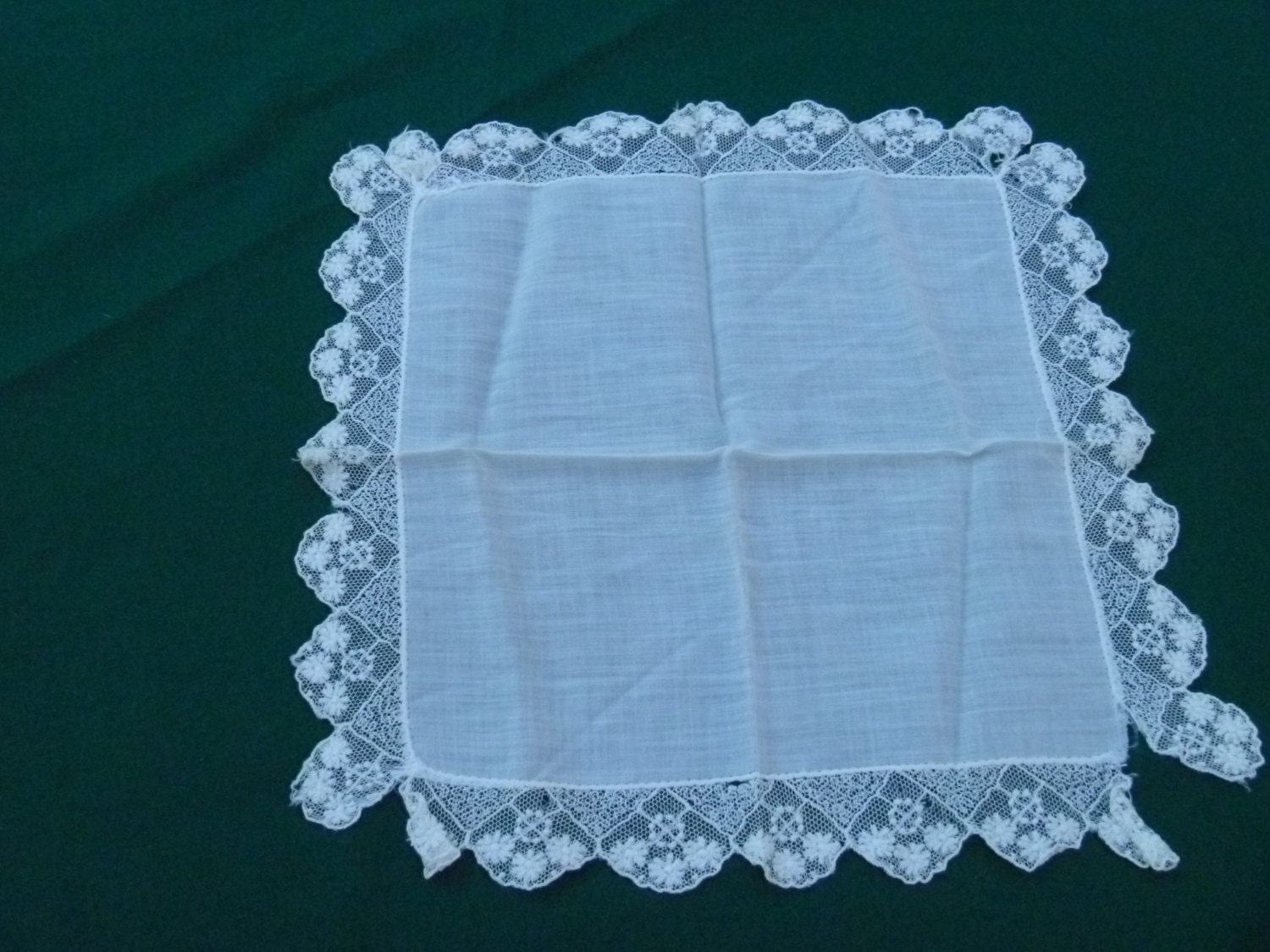 WHITE COTTON Handkerchief With Lace Edging
