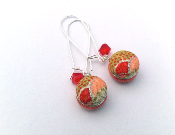 Kimono Droplet Earrings, Red, Chartreuse Green, Peach, Silk, Sterling Silver