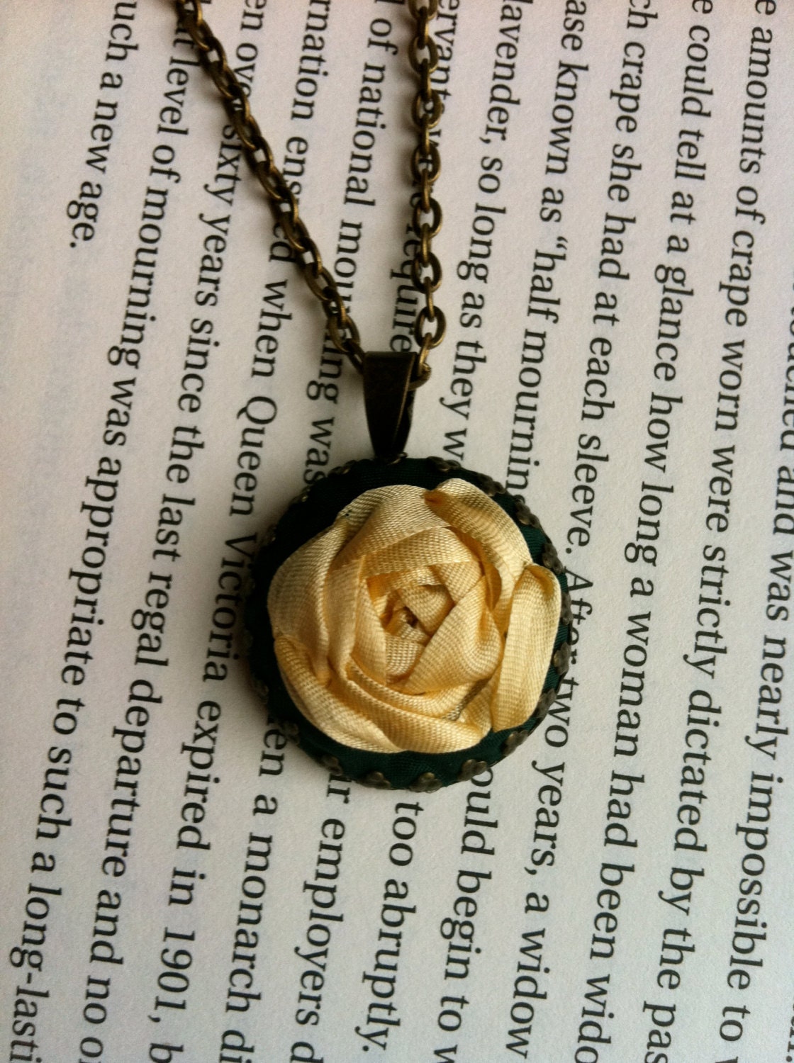 Green Embroidered Jewelry, Rose Pendant Necklace - Silk Ribbon Embroidery by BeanTown Embroidery