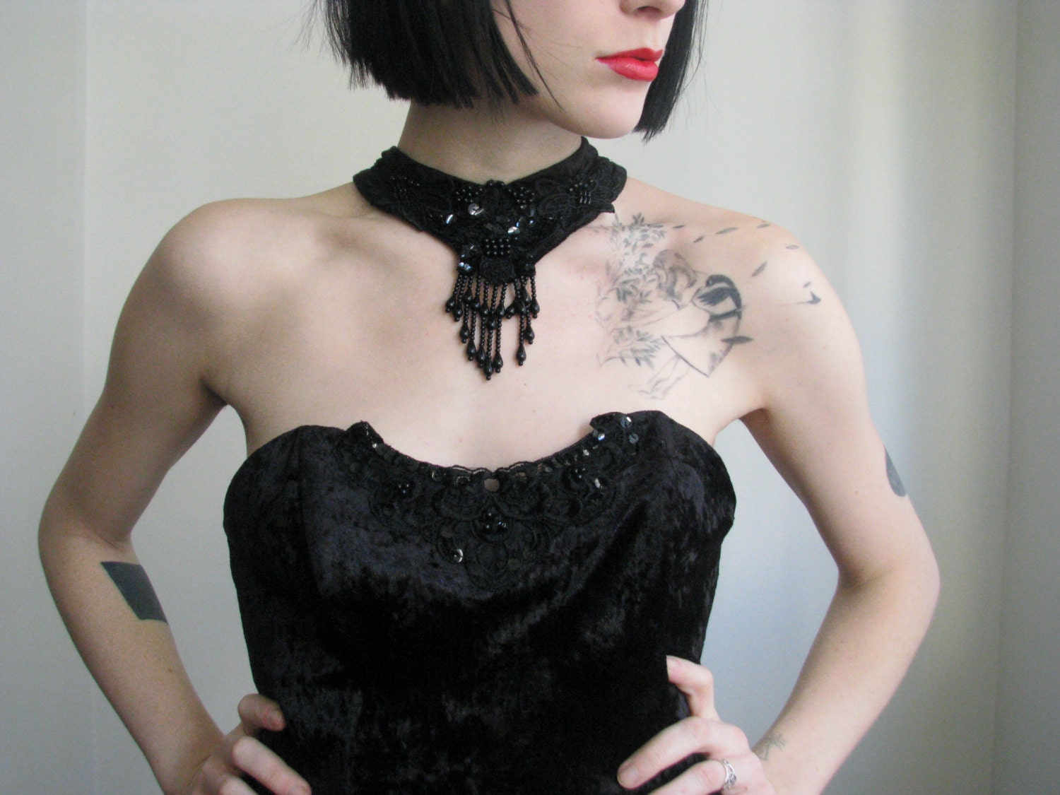 90s velvet choker beaded cocktail dress s/m