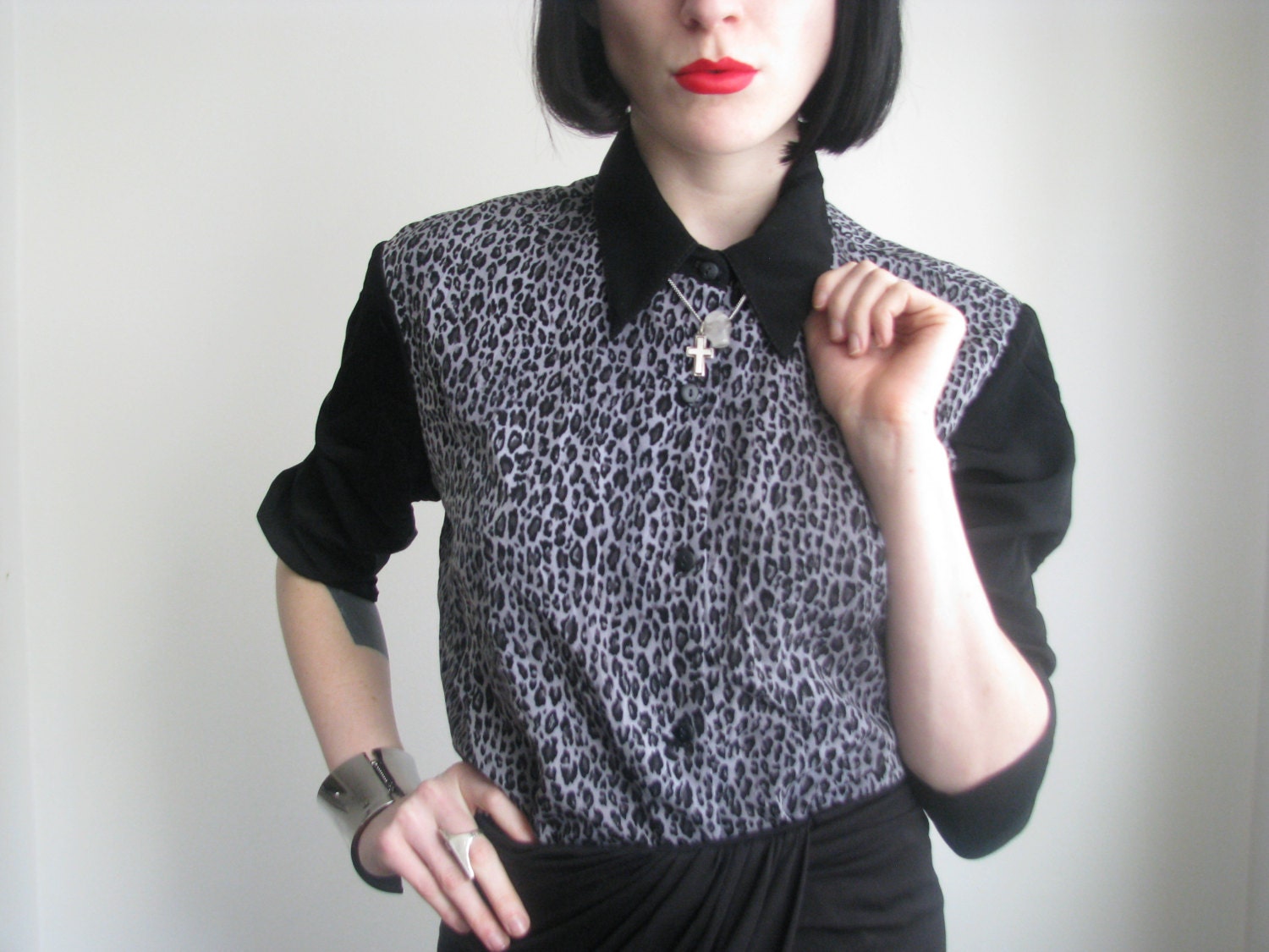 80s combo leopard oxford blouse s/m