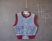 vtg ROSE HIPS denim vest with red and navy striped edging, size L child or Xxs womens