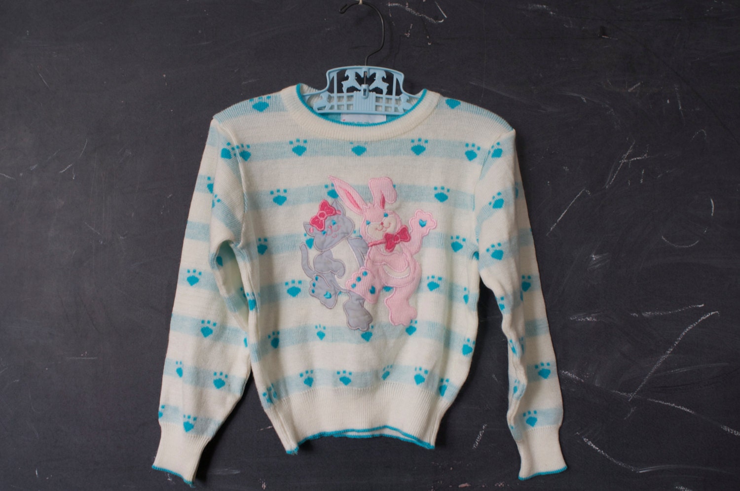 kitschy cat sweater, little girls, covered in blue paw prints, kitty and pink bunny, size 5-6