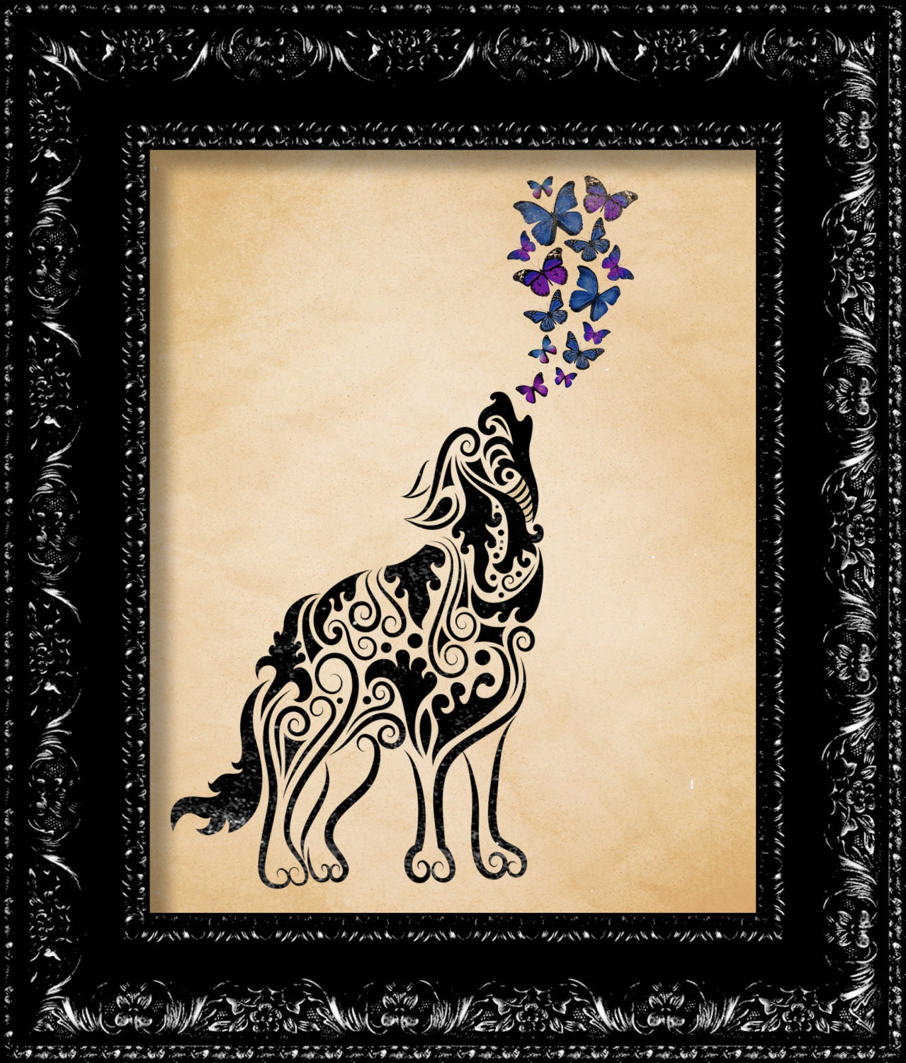 Art Deco Wolf With Butterflies - Vintage Retro Inspired - Modern Design - Collage Art Giclee Print -  8x10 Art Print Poster