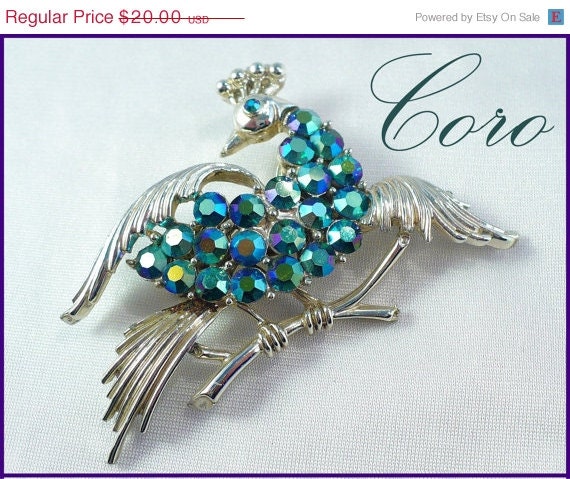 Vintage CORO Blue/Green AB Rhinestone Peacock Brooch - Figural