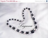 Vintage LAGUNA 16 Inch Metallic Silver, Black Crystal Necklace / Choker