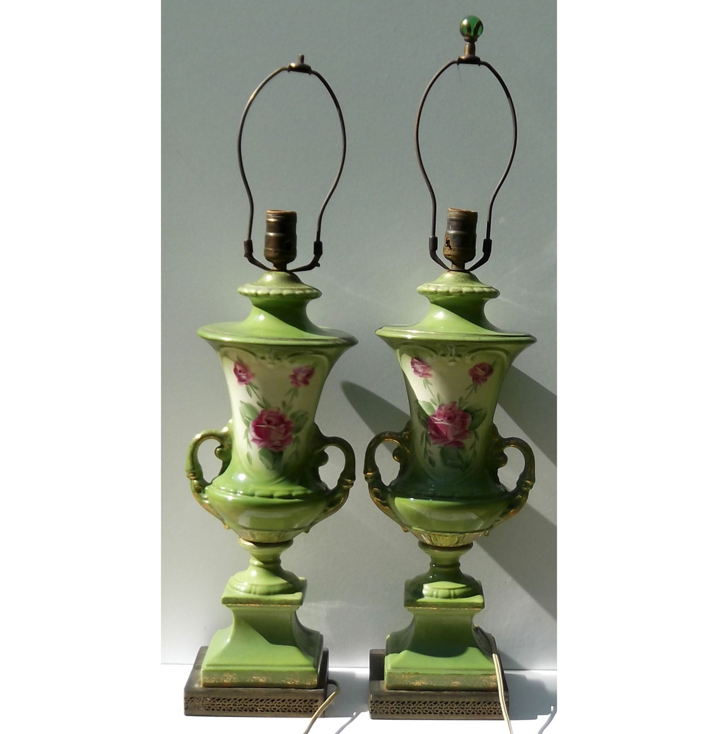 1940s heavy porcelain lamps, green with pink flowers, urn shaped