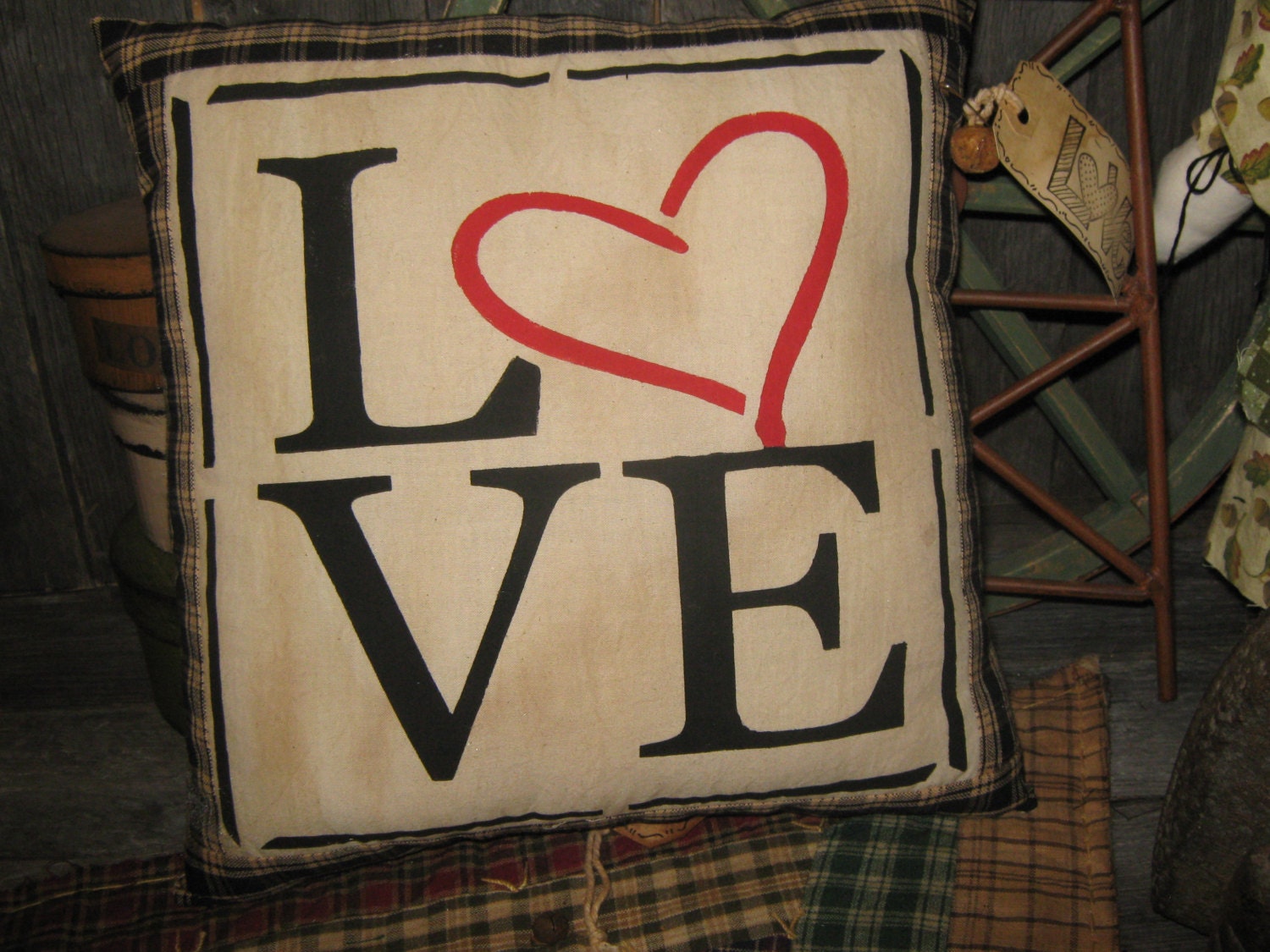 Primitive Large Holiday Love  HomeSpun Pillow Tuck Valentine " LOVE "  Hand Painted  Pillow  Rustic  Housewares