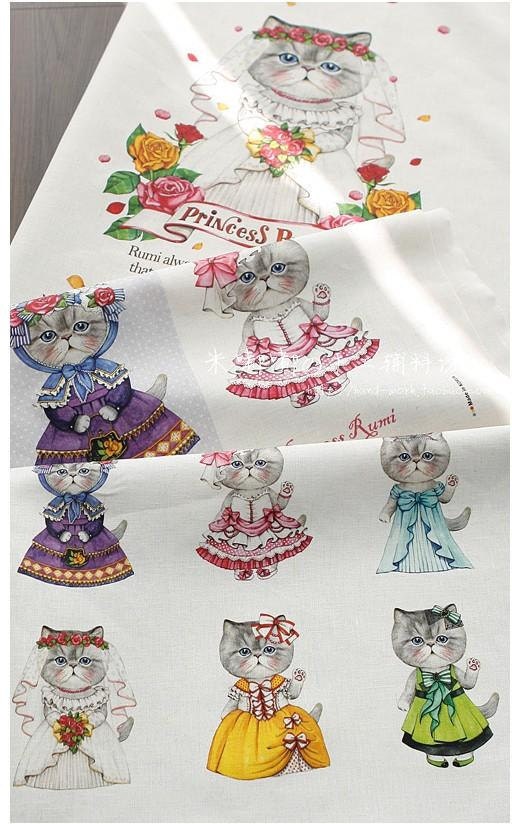 SALE - L909D (Princess) - Lovely Cat Rumi Cotton Linen Fabric - 140cm x 40cm