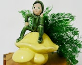 Cutest Little Green Elf on Mushroom Pottery Planter....Retro Vintage Decor