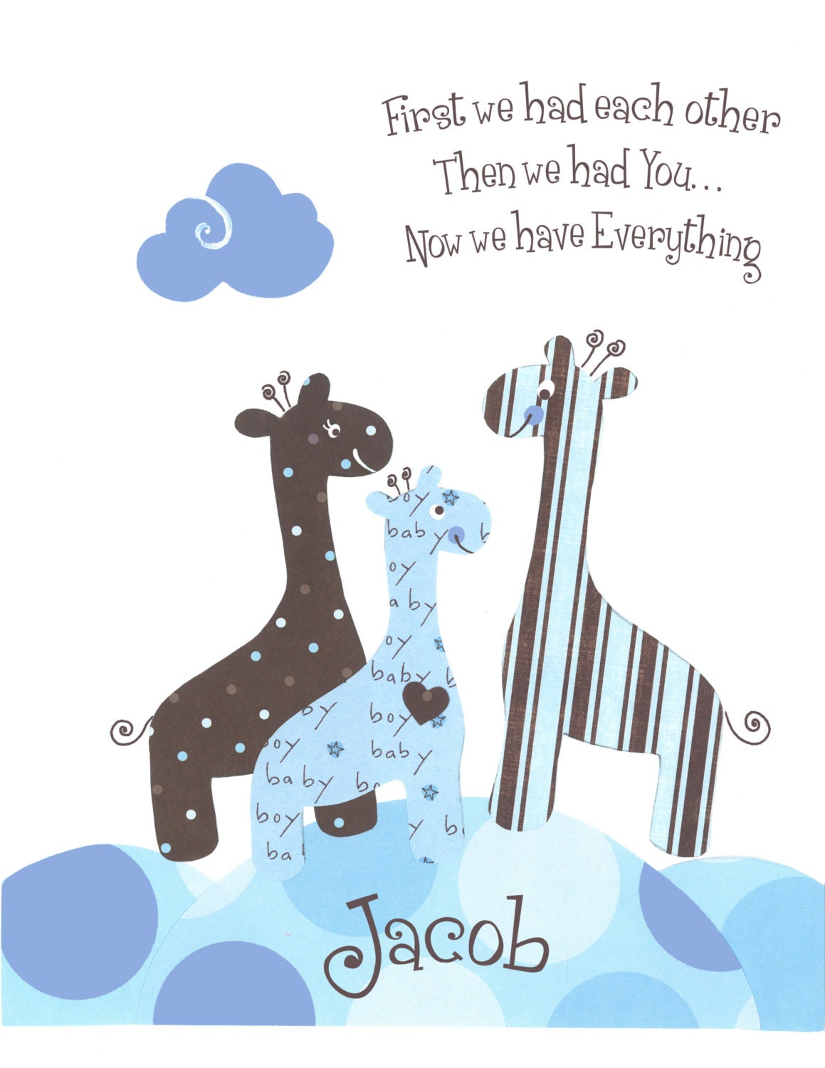 Baby boy nursery, Baby giraffe print, blue brown, Bradley bedding, kids wall art, children's room art, quote First We had Each Other