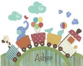 Baby boy nursery, baby train wall art, elephant nursery art, giraffe Boy's room decor, Safari animals Pottery Barn, Circus friends