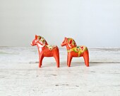 Vintage Dala Horses - Pair, 3", Sweden, Red Orange, Older