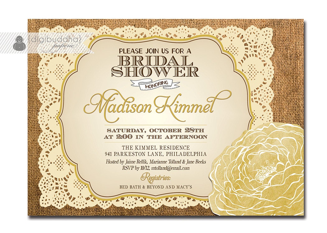Lace Burlap Bridal Shower Invitation Vintage Rustic Yellow Flower Wedding Invitation Typography Printable Digital or Printed - Madison Style