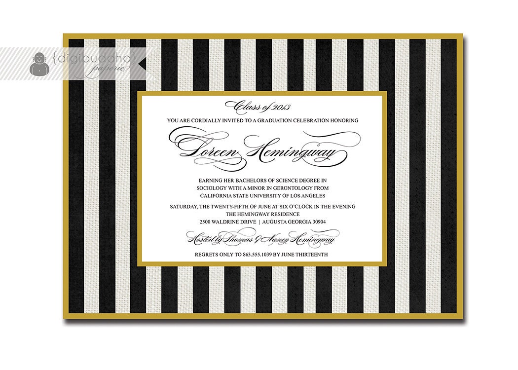 Black & Gold Graduation Invitation Striped Formal Elegant Script Celebration Partry Typography Printable Digital or Printed - Loreen Style