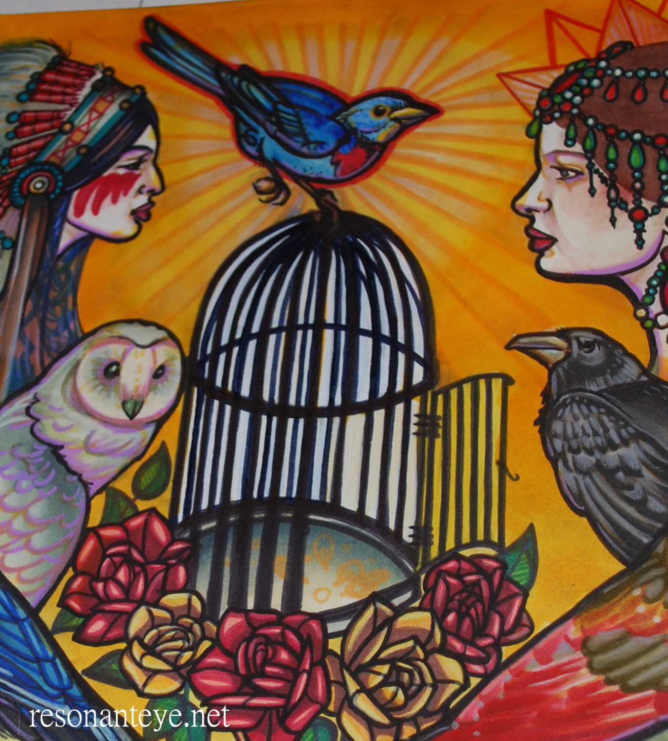 birdcage, birds, and ladies art, tattoo flash print: old school tattoo art