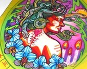 Medusa with candles and orchids, tattooed Medusa, snakes, woman, tattoo art flash