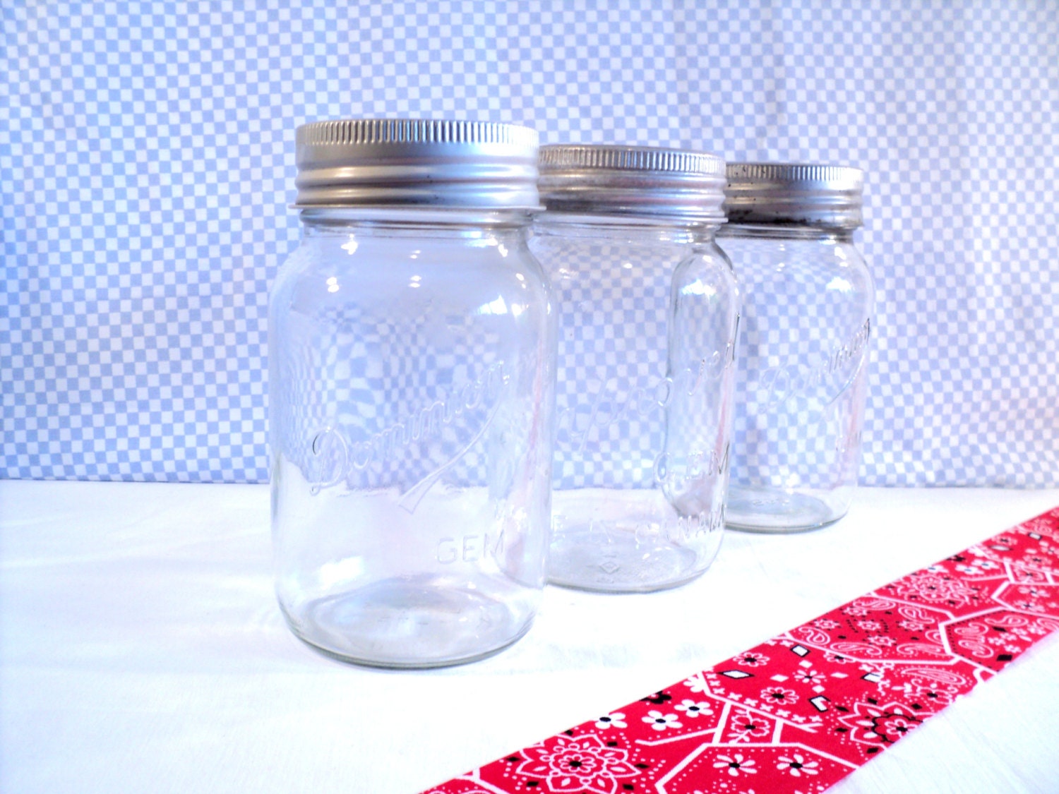 Quart Mason Jars Pewter colored Metal Rings & Glass tops, Clear Canning Jars, 1960's