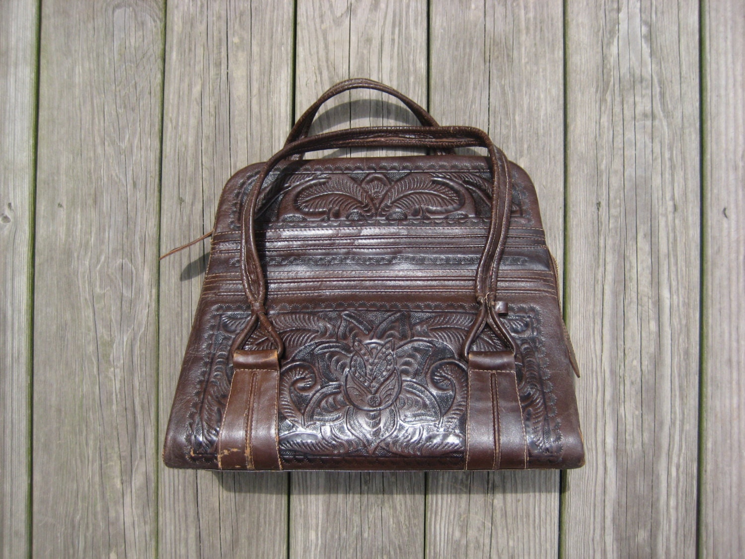 Vintage genuine brown leather handbag hand-tooled in Mexico, Flores brand large
