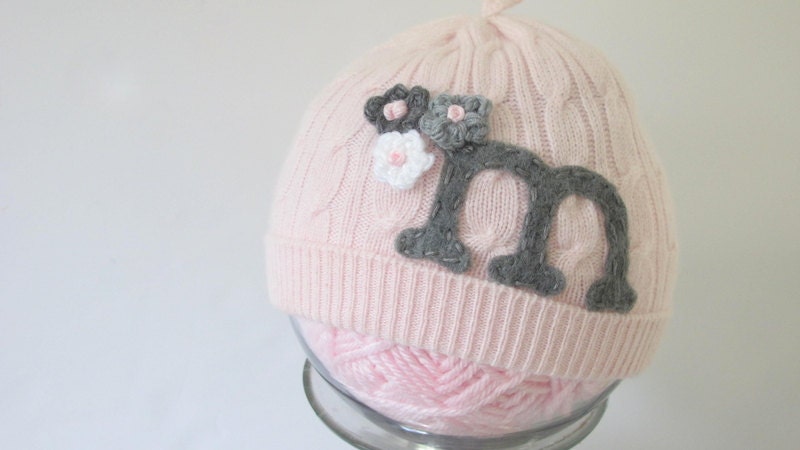 100% Upcycled Pink Cashmere Baby hat with custom Letter on it - fits sizes 0-6M