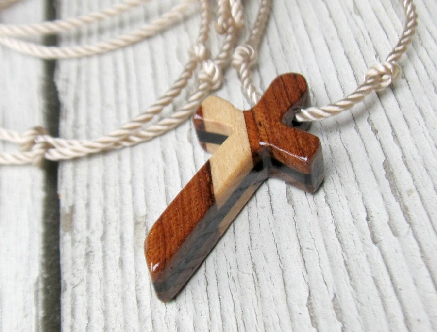 Wood Cross Pendant - Bubinga, Maple & African Wenge  - Men's Jewelry
