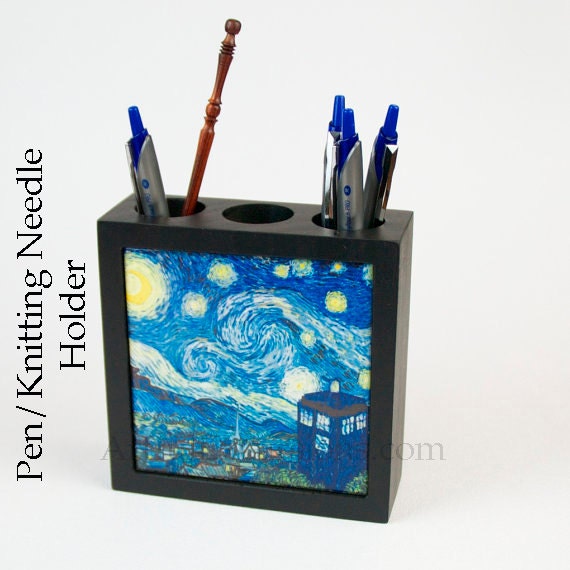 Doctor Who desk accessory Black Wood Pen and  Pencil Holder cup box Dr who tardis Van Gogh, Dr Who desk office supply