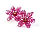 Crochet Wire Rose Pink Caramel Czech Glass Flower Stud Earrings by PrayerMonkey