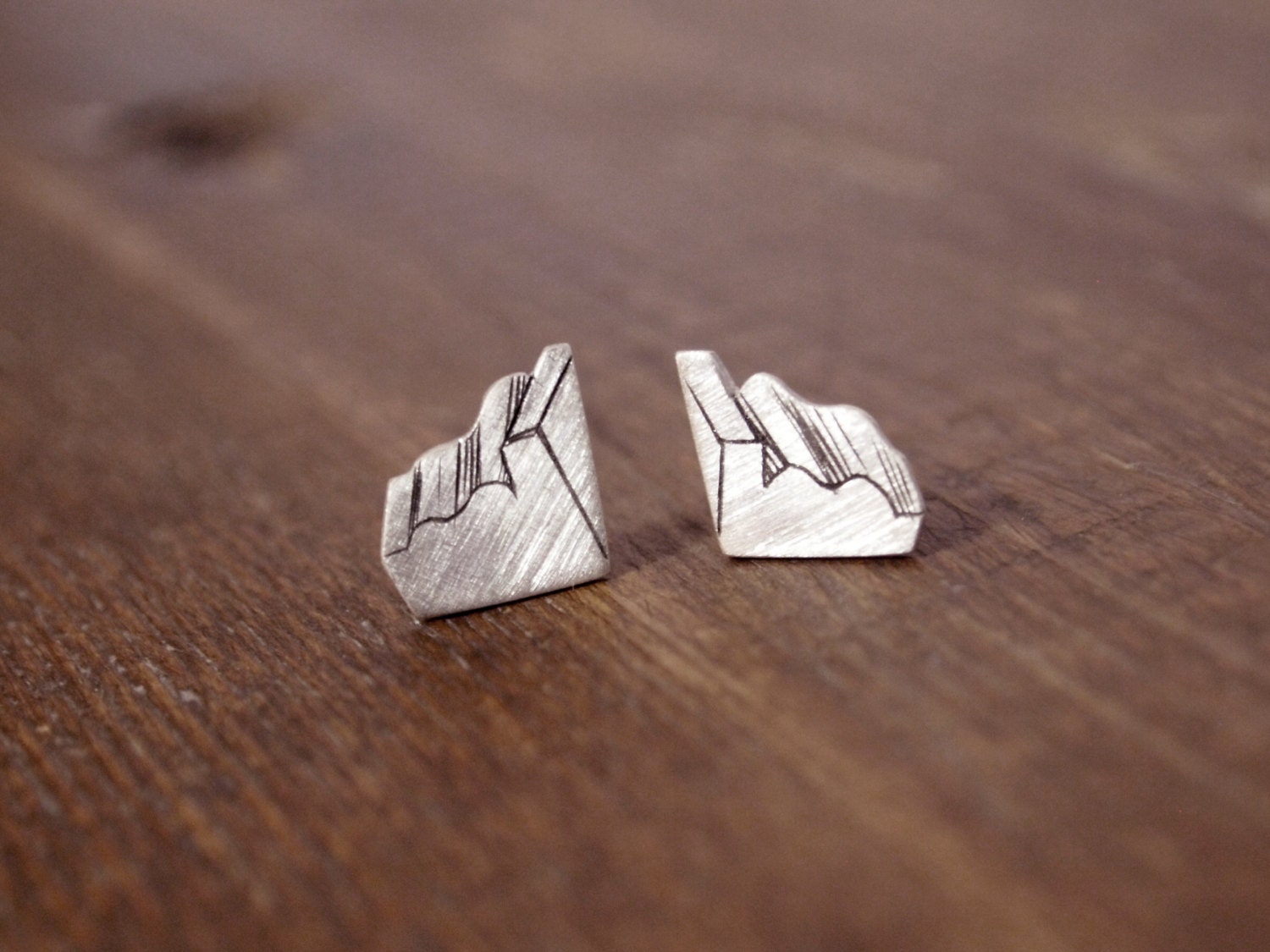 Sterling silver hand engraved architectural fragment stud earrings