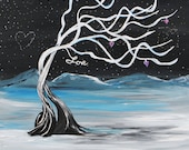 Love, Original Painting,Tree Art, Snow White, Romantic, Surreal, Fantasy, Fine Art, Winter Wonderland, Black and White