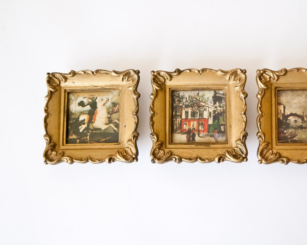 Gold Plastic Square Frames with Prints -Set of Three-Vintage Wall Decor