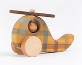 Wooden Helicopter natural kids toy yellow- blue checked