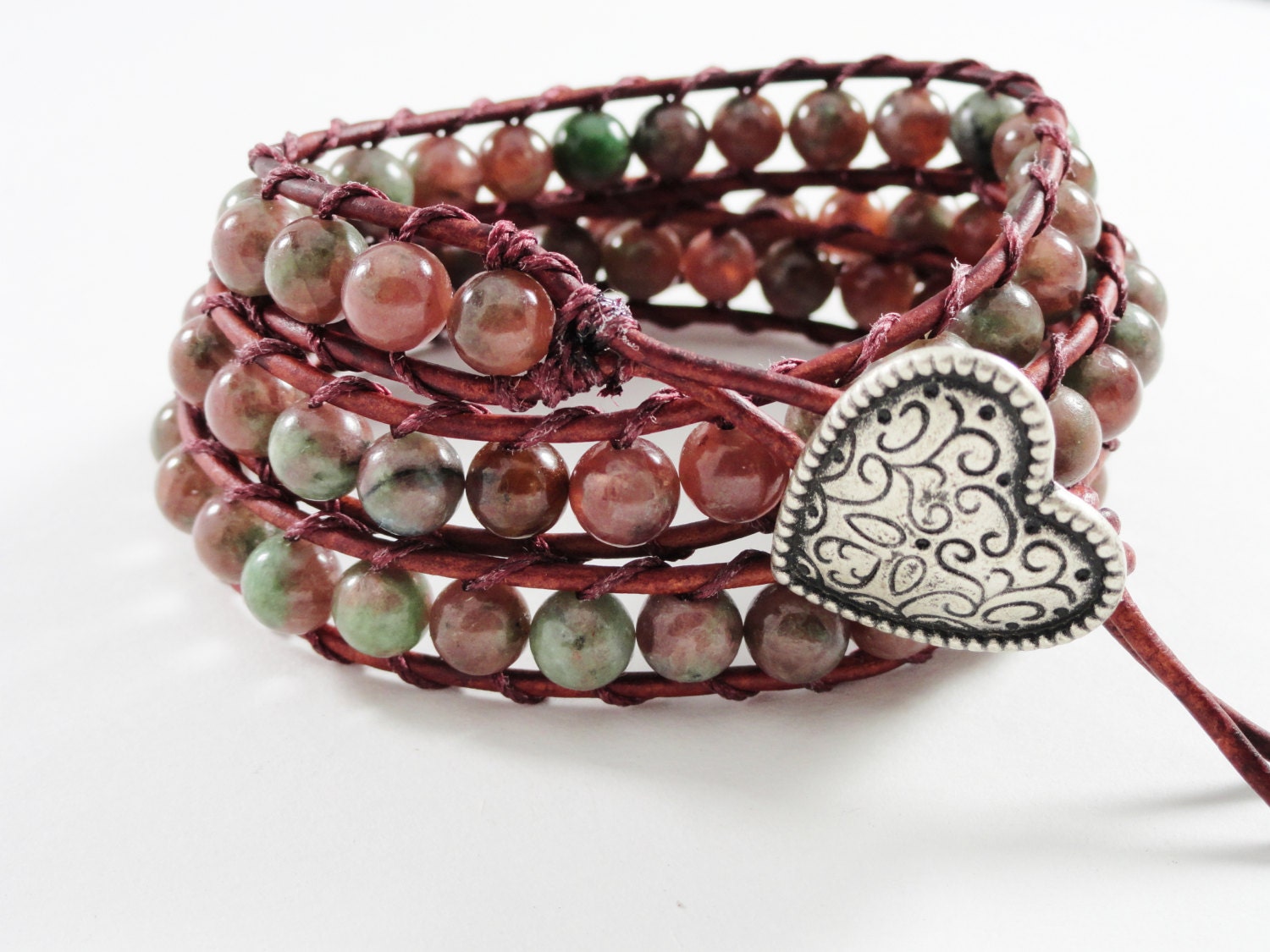 Garnet Leather Wrap Bracelet - bohemian leather bracelet - gemstone beaded triple wrap bracelet - heart button