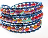 Rainbow beaded leather wrap - Multi color beaded wrap bracelet - buffalo nickle button - spring summer fashion jewelry