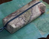 Zippered pencil case, pouch with vintage map no.2