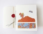 Hand Made Greeting Card & Envelope 5 x 6.5" - Japanese Paper Red Blue Floral Landscape Wax Seal Mother's Day