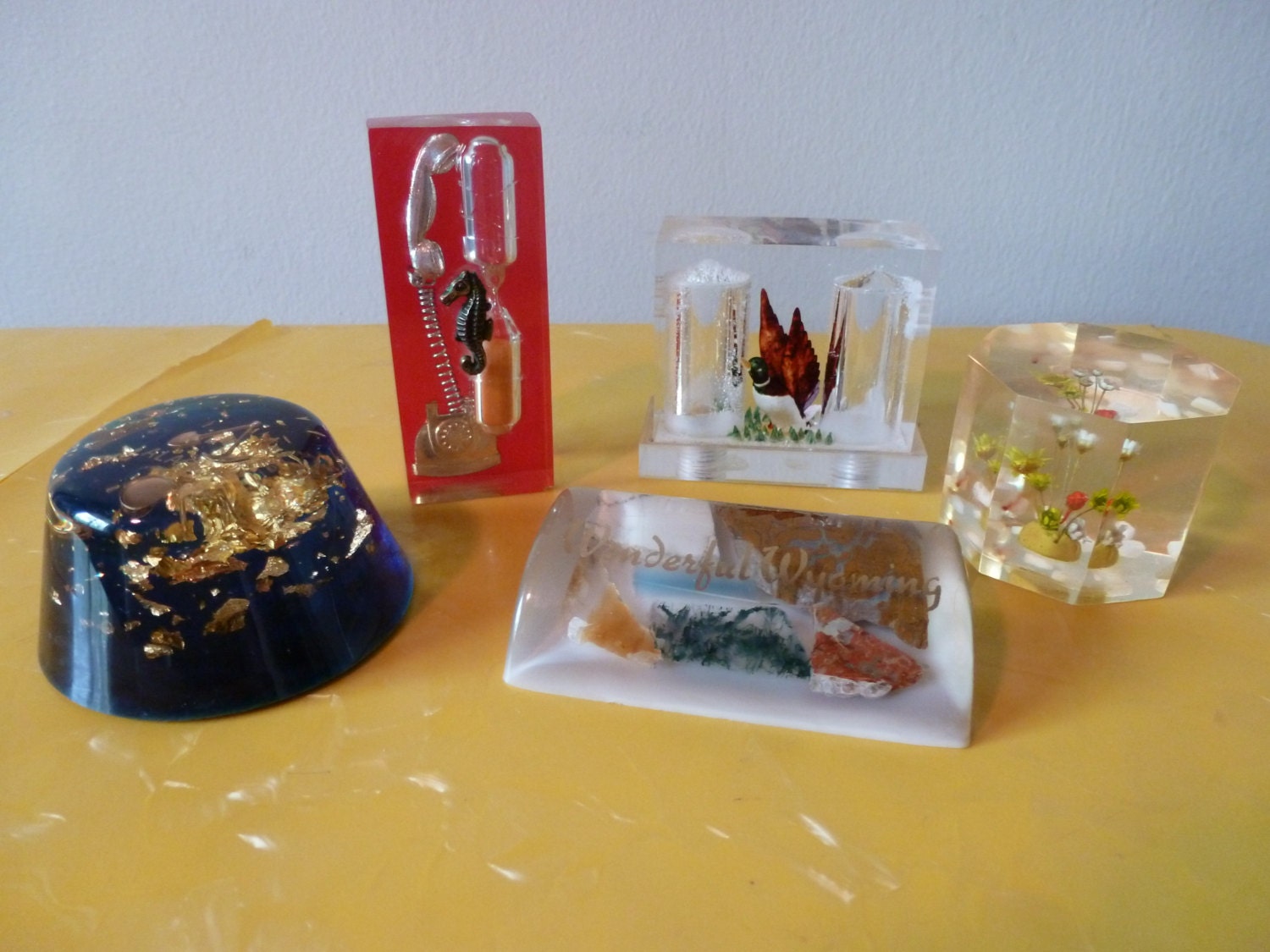 Vintage Collection of Lucite Paperweights Salt and Pepper Shaker Hourglass Timer