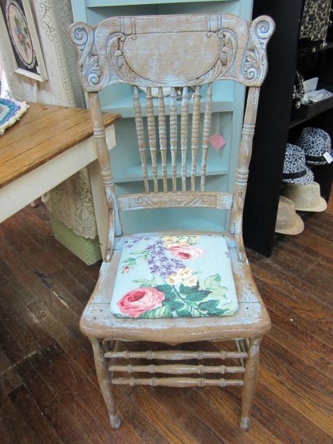 Hand Painted Chair Roses Cushion Shabby Chic Distressed Prairie Style FREE Shipping