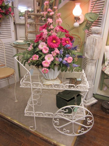 Vintage Wrought Iron Garden Tea Cart Planter...Shabby Distressed White FREE Shipping