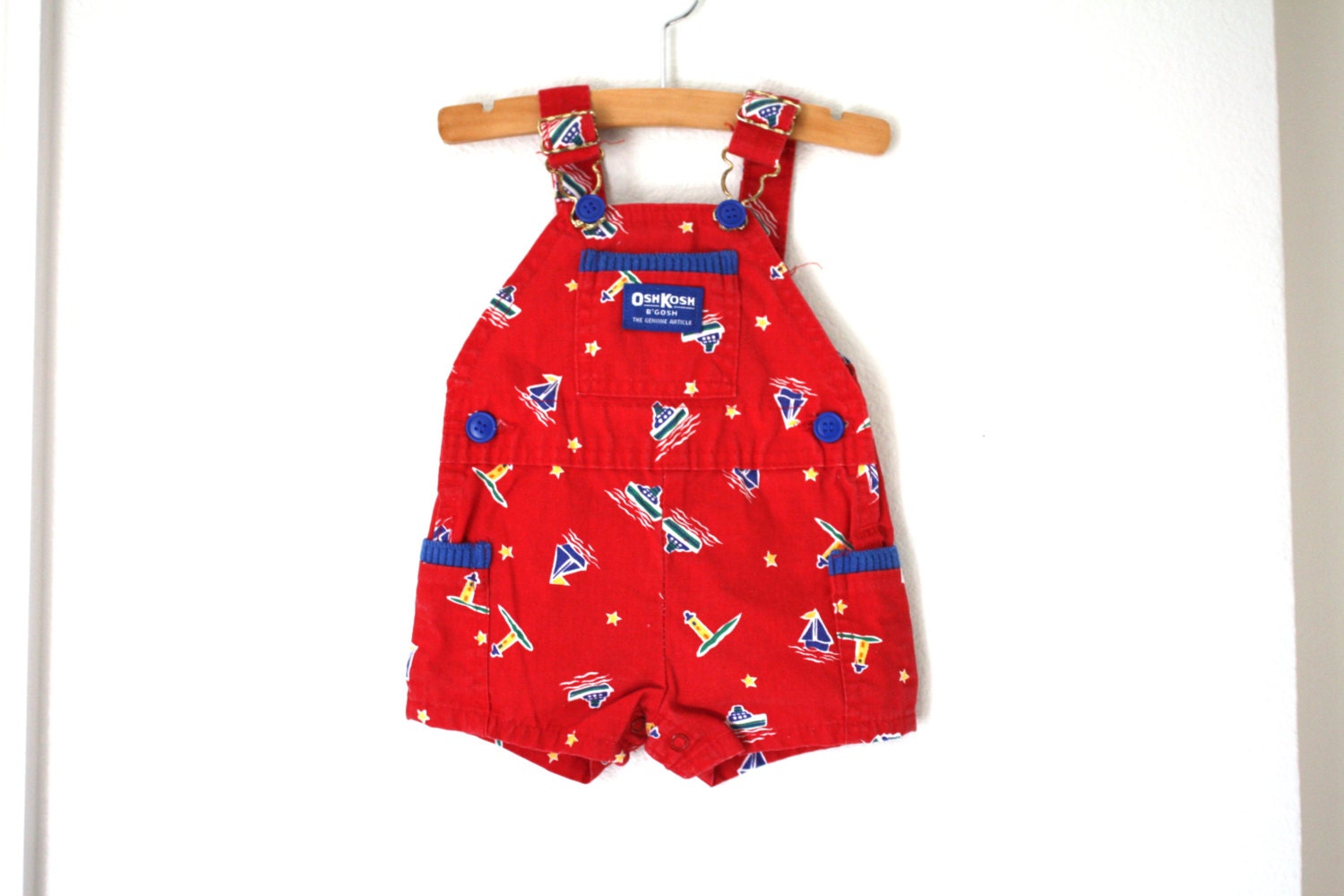 Vintage OshKosh Red Nautical Boat Overalls, Shortalls Baby Toddler Size 3-6 Months