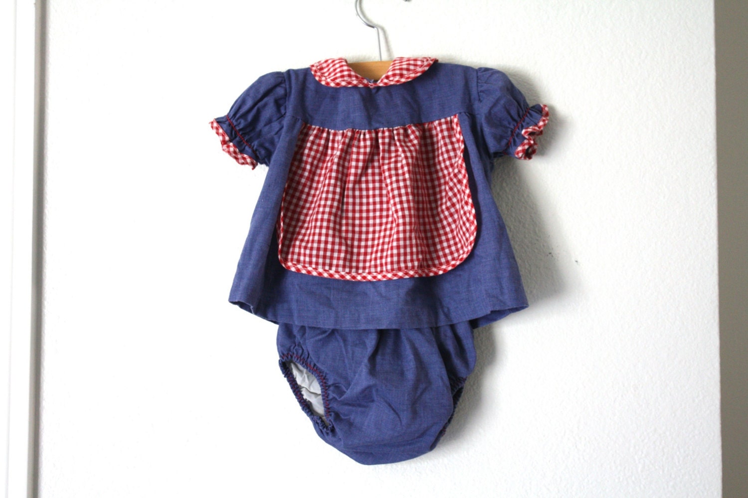 Vintage Red Gingham and Denim Blue Baby Dress and. Bloomers, Baby Girl Size - 1SweetDreamVintage