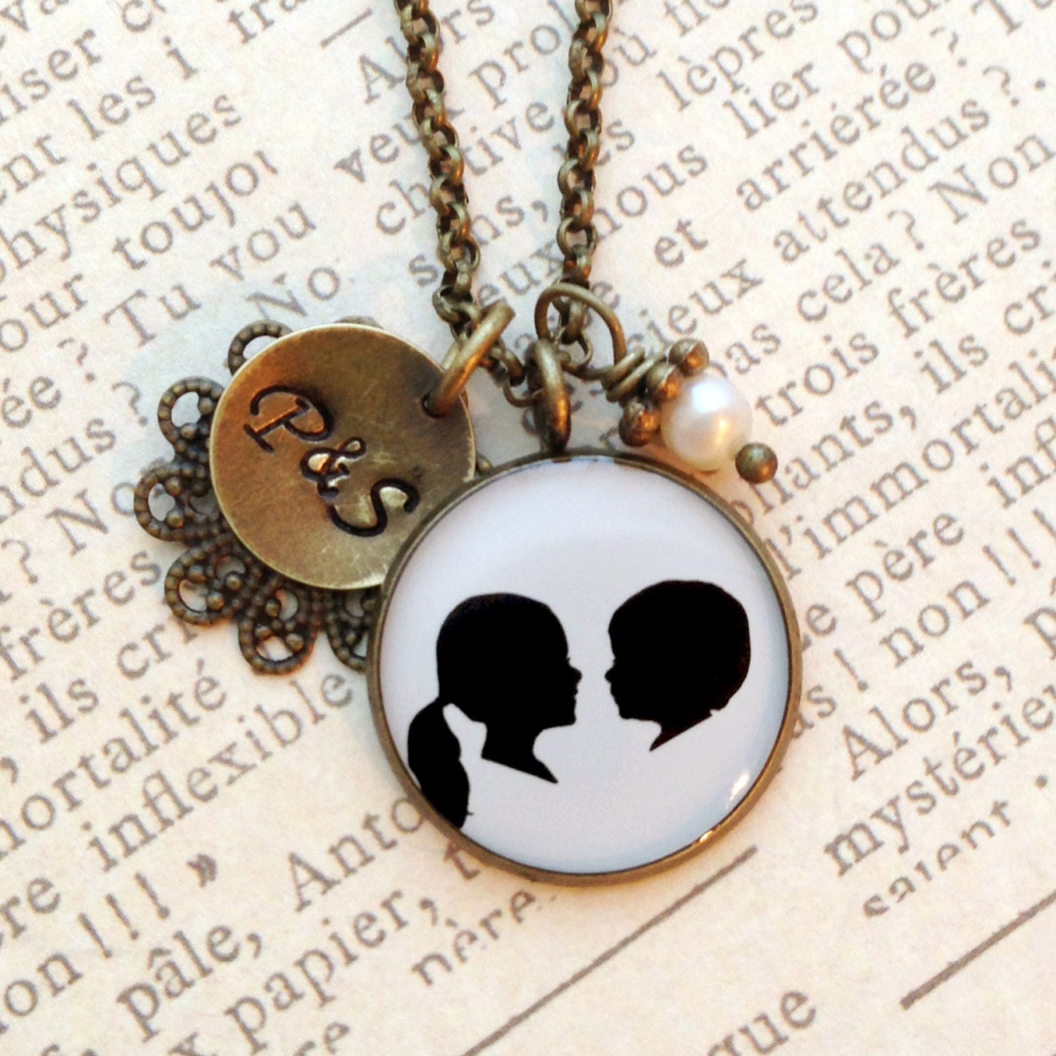 Personalized Two silhouette Necklace in Brass with Stamped Initial charm & Pearl Dangle