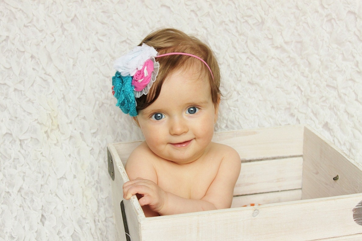 baby girl headband, newborn, infant, fabric rolled twisted rosette, whimsical, metal, lace, coloured elastic, wome, teen, big girls