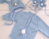 hand knitted Bunny Rabbit Romper set / Romper, Booties, Hat / Blue Bunny