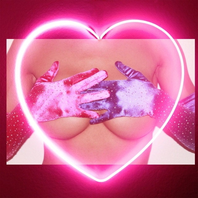 crystallized pink, purple or black satin gloves.